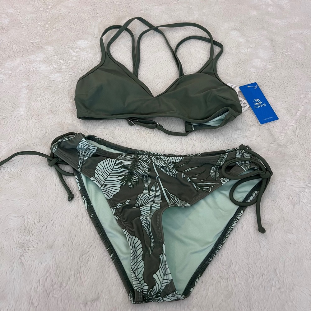 Cupshe Womens Olive Green Tropical Palm Leaf Bikini Set Size XS DAA12C3G001PP